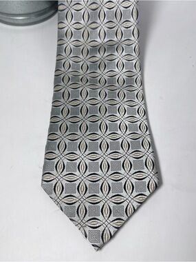 Ermenegildo Zegna Men’s Geometric Pattern Silk Neck Tie Silver,‎ Gold & Black
